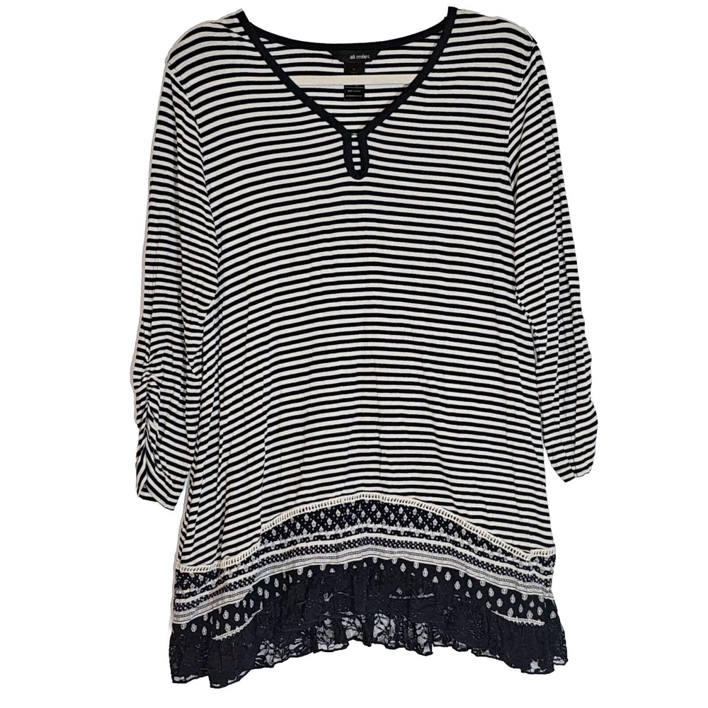Ali Miles Top Womens Medium Blue White Stripe 3/4 Sleeve‎ Ruffle Lace Hem Casual